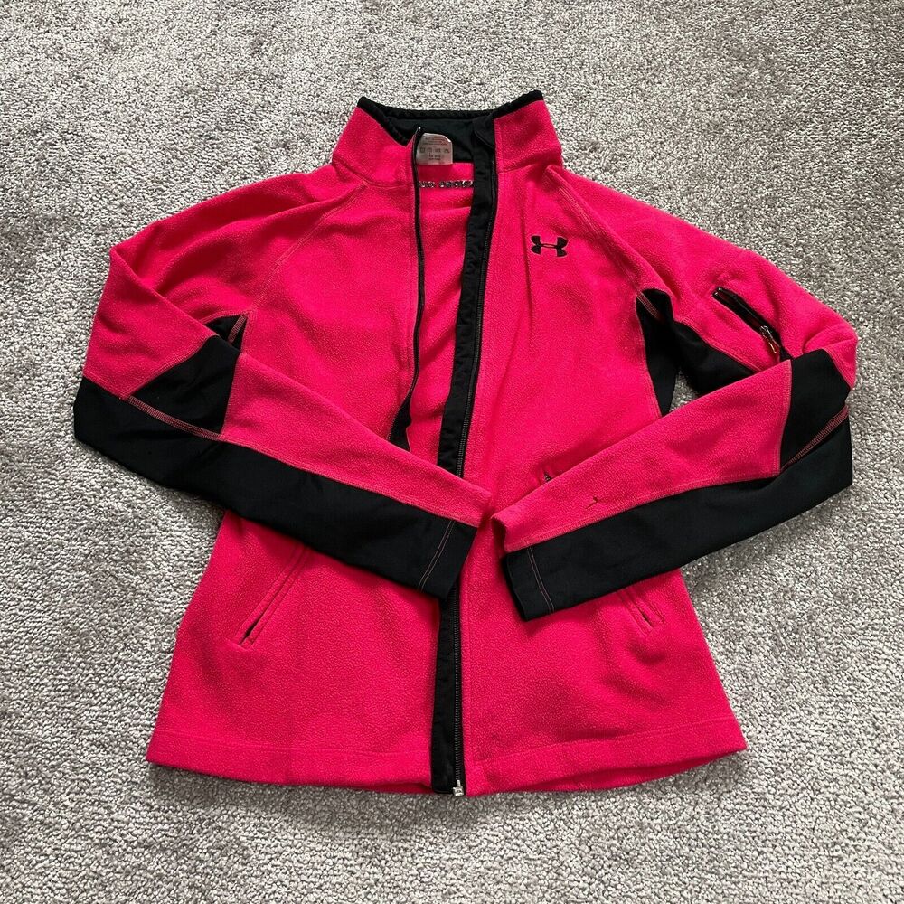 Under Armour Fleece Jacket Womens XS Red Black Full Zip Pocket High Neck Outdoor